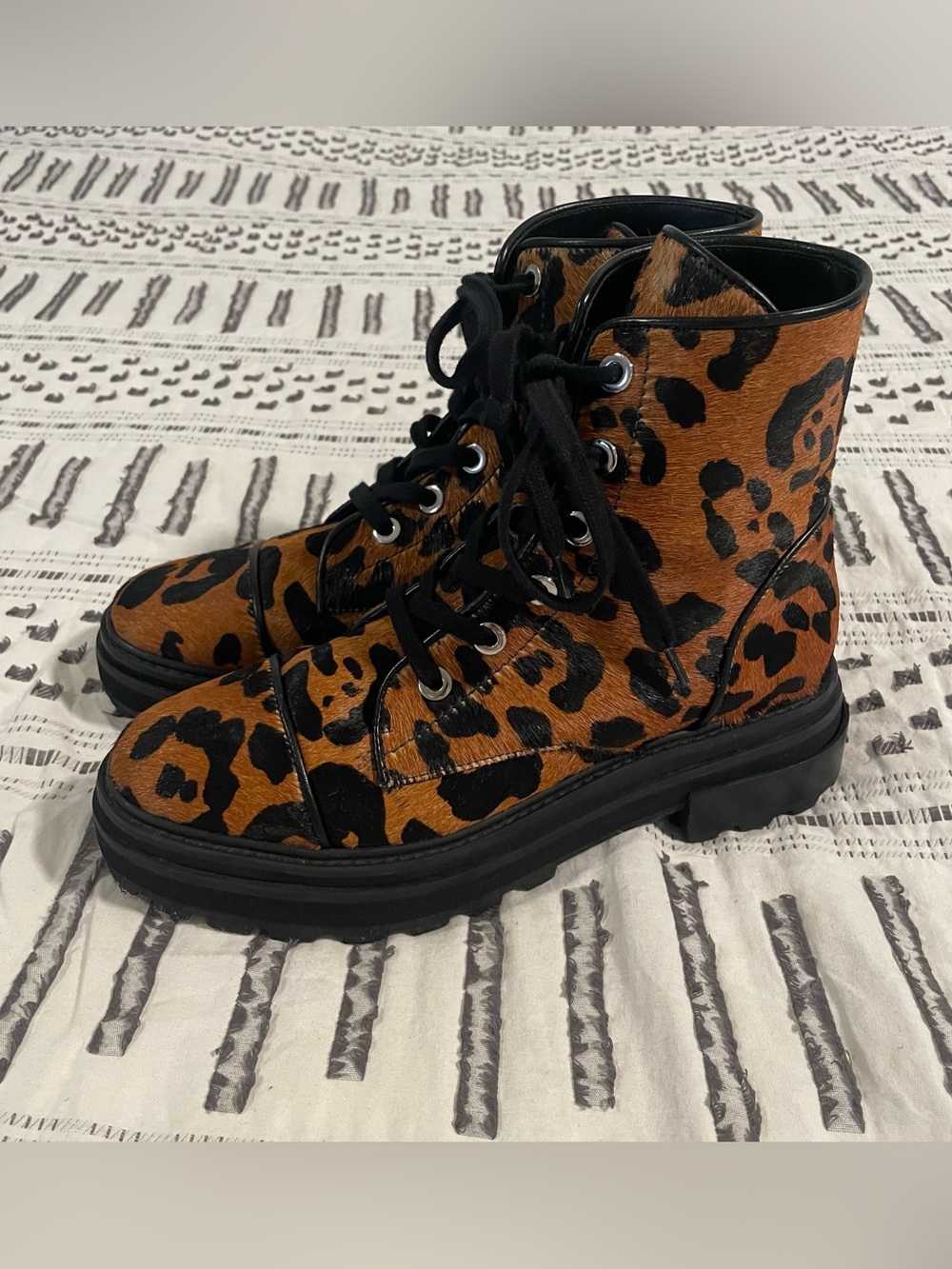 Schutz Maylova Leopard Print Genuine Calf Hair Platform Combat Boots